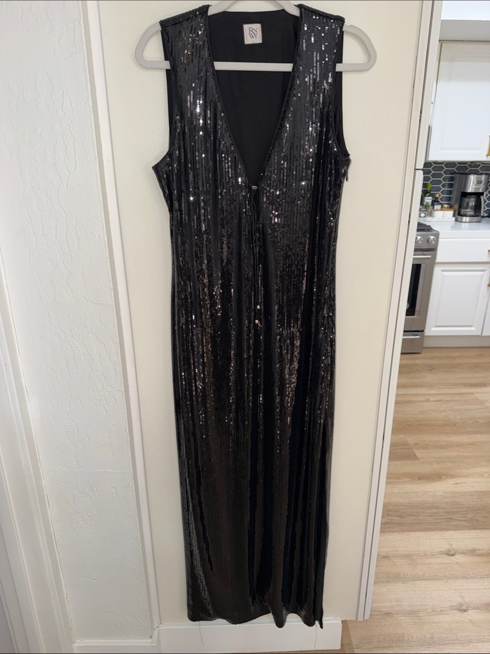 RNWY Black Sequin Maxi Dress with Plunge V-Neck | L
